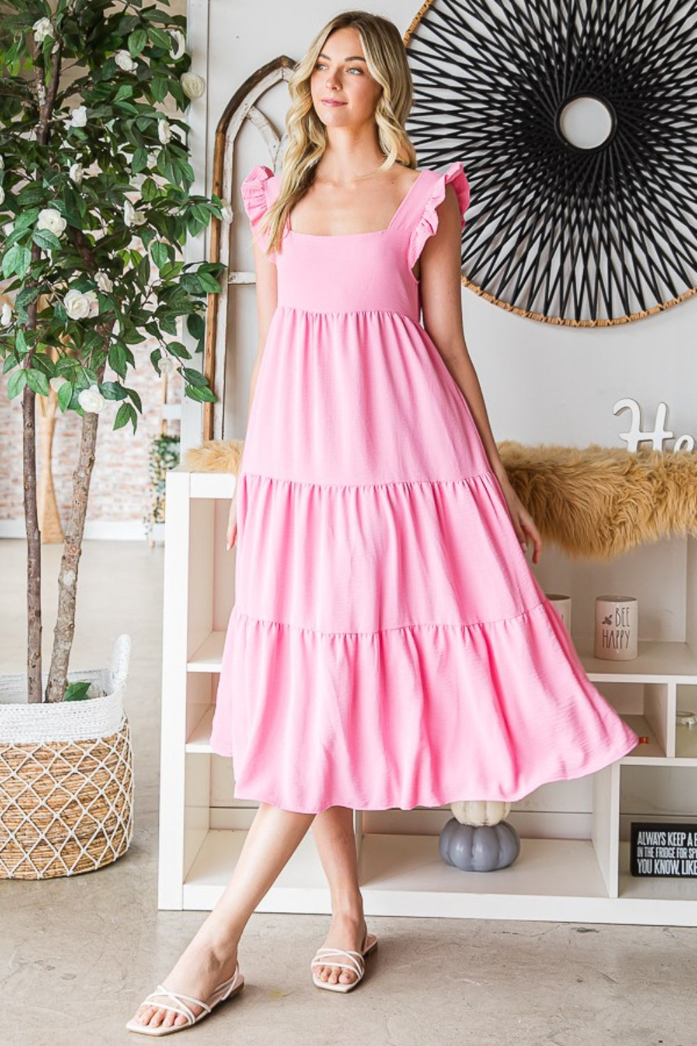 Reborn J Ruffled Bubble Pink Sleeveless Tiered Midi Dress