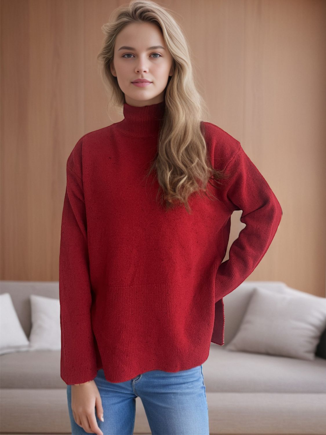 Side Slit Turtleneck Long Sleeve Sweater