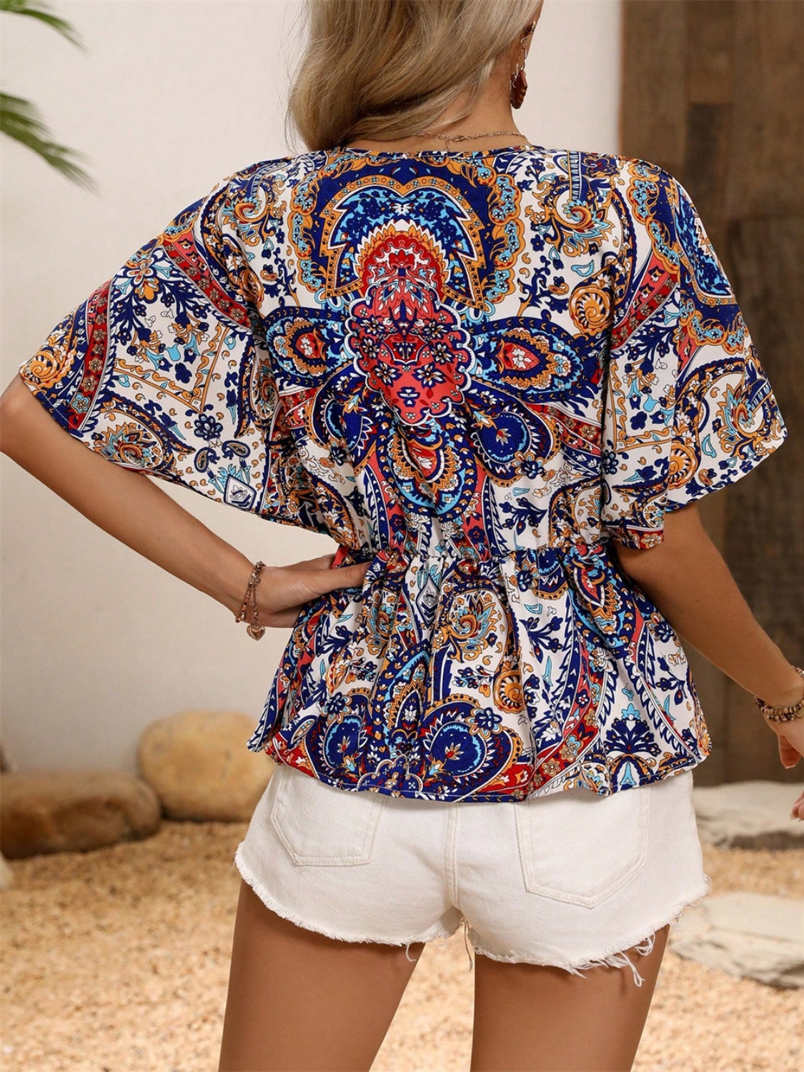 Printed Surplice Half Sleeve Blouse