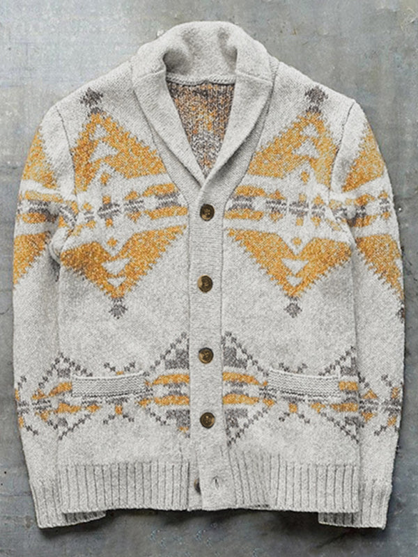Men's Full Size Jacquard Outerwear Long Sleeve Knitted Cardigan