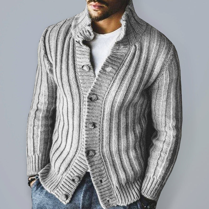 Men's Full Size Casual Single Breasted Knit Sweater Lapel Long Sleeve Cardigan