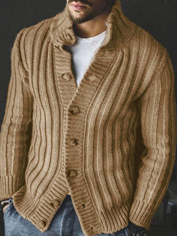Men's Full Size Casual Single Breasted Knit Sweater Lapel Long Sleeve Cardigan
