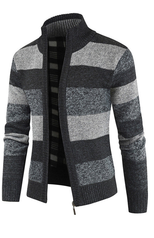 Men's Full Size Stripe Colorblock Standing Collar Zip Cardigan