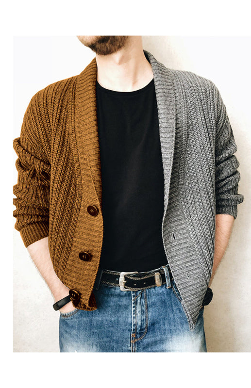 Men's Full Size Two Tone Patchwork Single Breasted Long Sleeve Cardigan