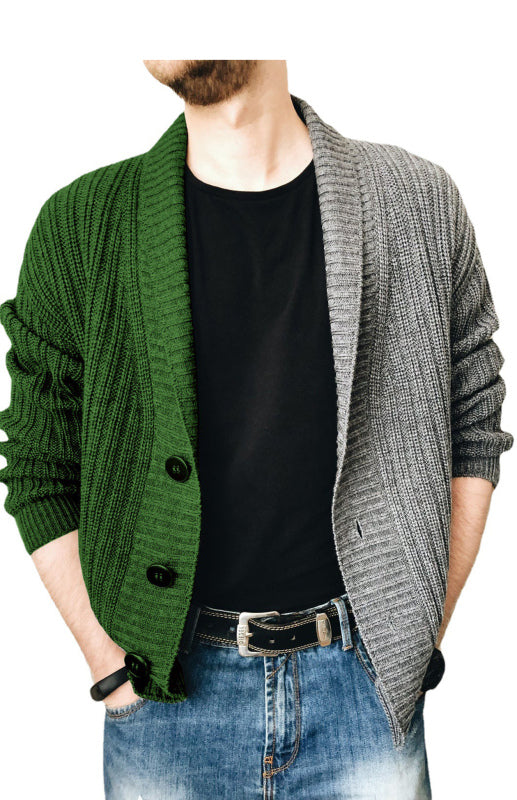 Men's Full Size Two Tone Patchwork Single Breasted Long Sleeve Cardigan