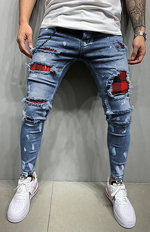 Men's Street Faux Flannel-Patch Mid Waist Ripped Slim Distressed Jeans