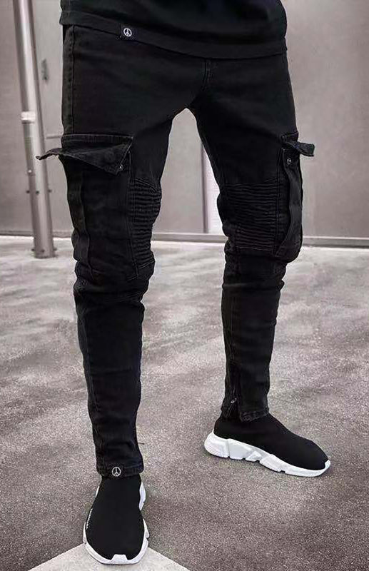 Men's Streetwear Classic Wash Distressed Mid Waist Black Slim Cargo Jeans