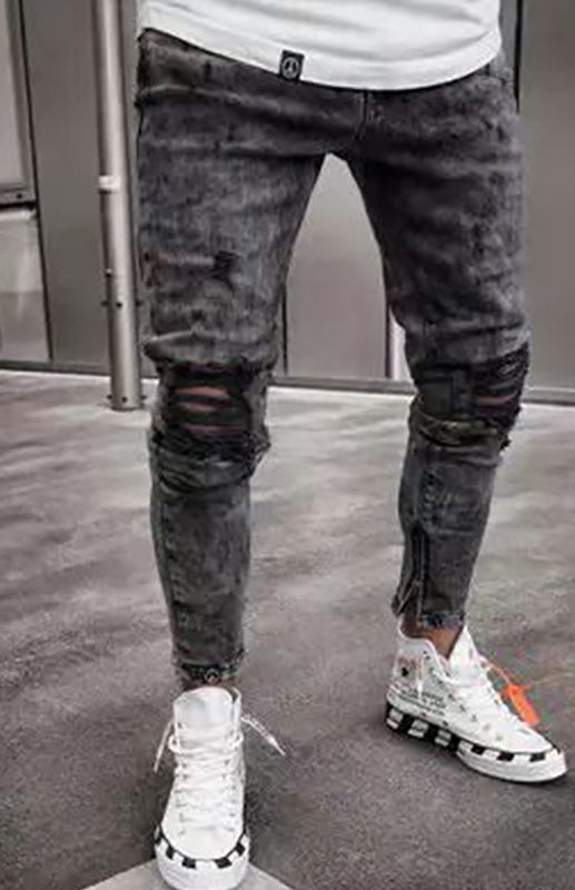 Men's Street Fashion Mid Waist Ripped Slim Distressed Jeans