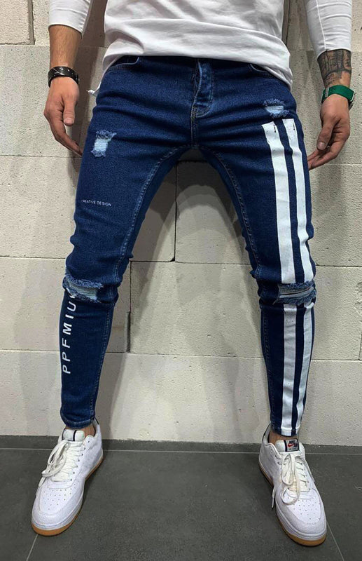 Men's CreativeDesign Classic Wash Wide-Striped Distressed Slim Fit Jeans