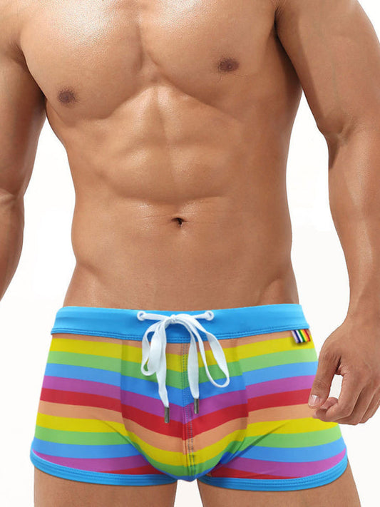 Men's Full Size Rainbow Themed Tethered Slit Boxer Swim Shorts