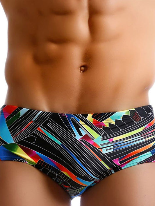 Men's Full Size Black Multi-Lines Geometric Print Boxer Swim Shorts