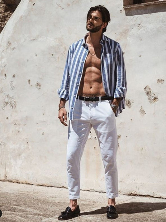 Men's Full Size European Themed Casual Comfort Lapel Striped Beach Long Sleeve Shirt