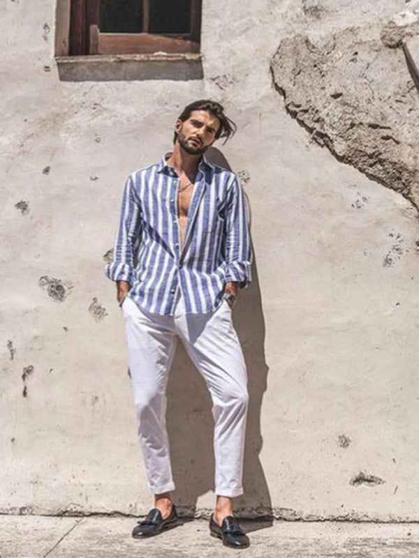 Men's Full Size European Themed Casual Comfort Lapel Striped Beach Long Sleeve Shirt