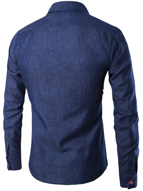 Men's Full Size Casual Shirt Pocket Patch Long Sleeve Denim Shirt