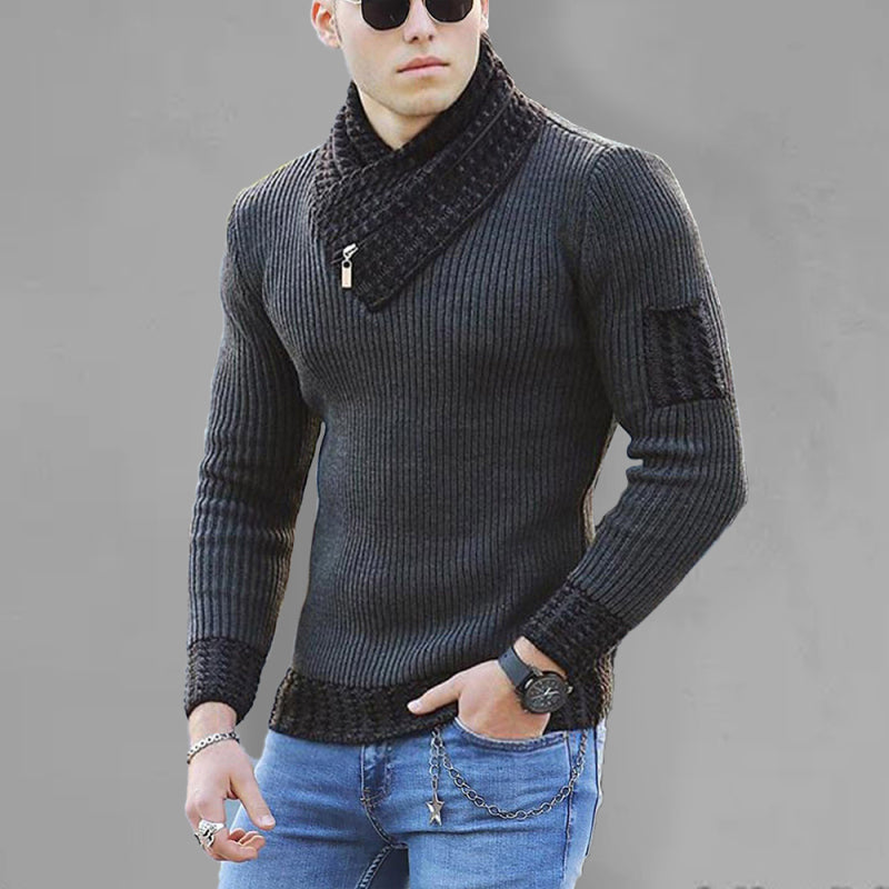 Men’s Full Size Shawl Pullover Ribbed Collar Cuffs & Hem with Zipper Sweater