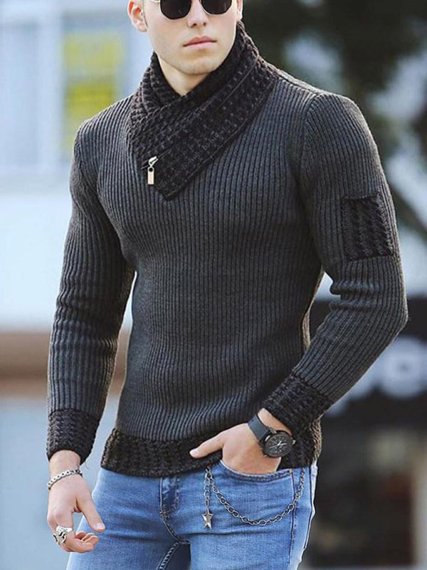 Men’s Full Size Shawl Pullover Ribbed Collar Cuffs & Hem with Zipper Sweater