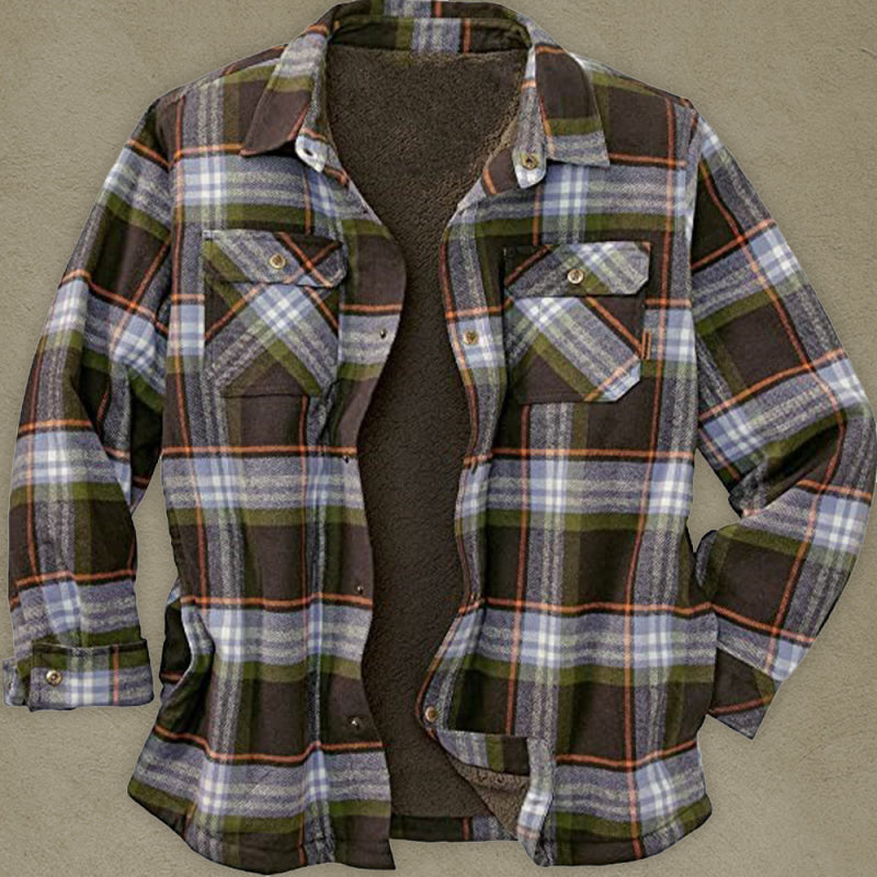 Men's Full Size Long Sleeve Lapel Plaid Fleece Long Sleeve Shirt