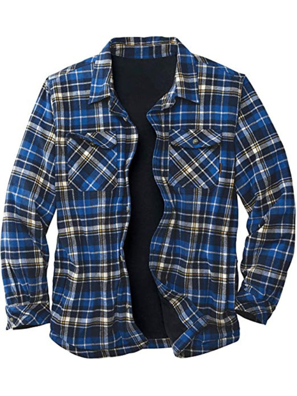 Men's Full Size Long Sleeve Lapel Plaid Fleece Long Sleeve Shirt