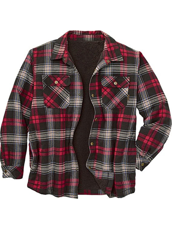 Men's Full Size Long Sleeve Lapel Plaid Fleece Long Sleeve Shirt