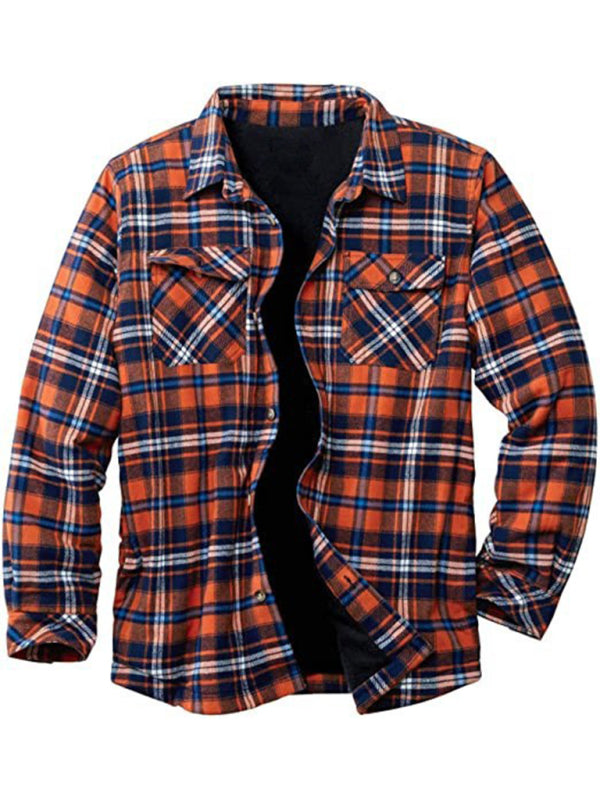 Men's Full Size Long Sleeve Lapel Plaid Fleece Long Sleeve Shirt