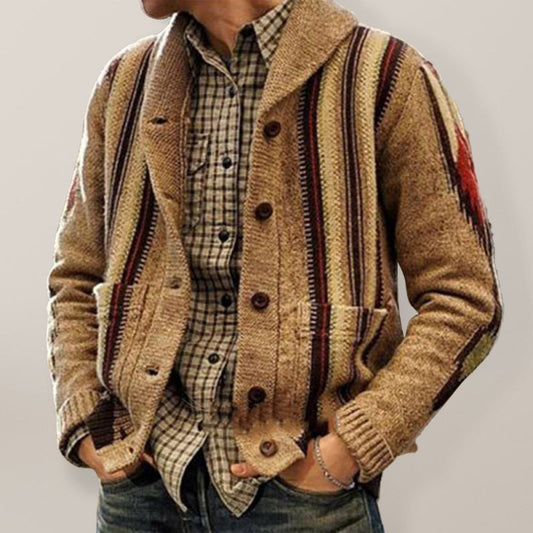 Men's Full Size Long Sleeve Jacquard Lapel Sweater Cardigan