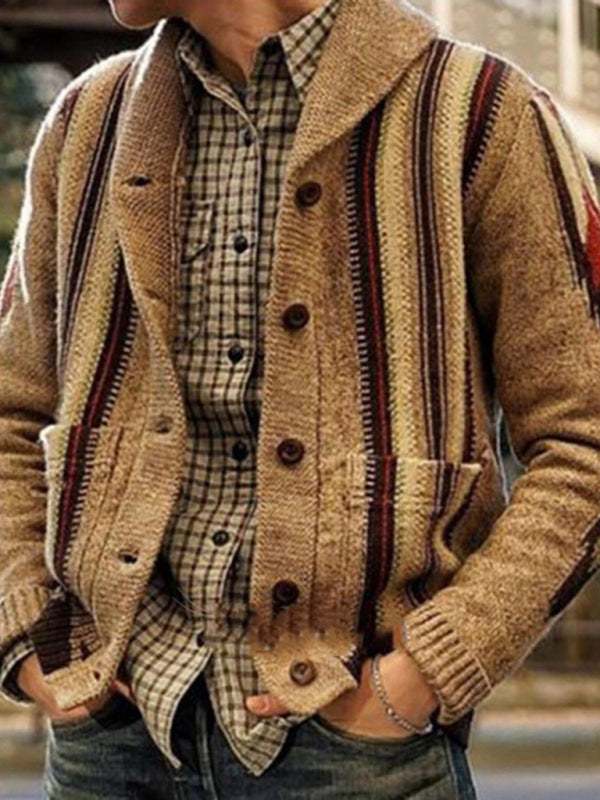 Men's Full Size Long Sleeve Jacquard Lapel Sweater Cardigan