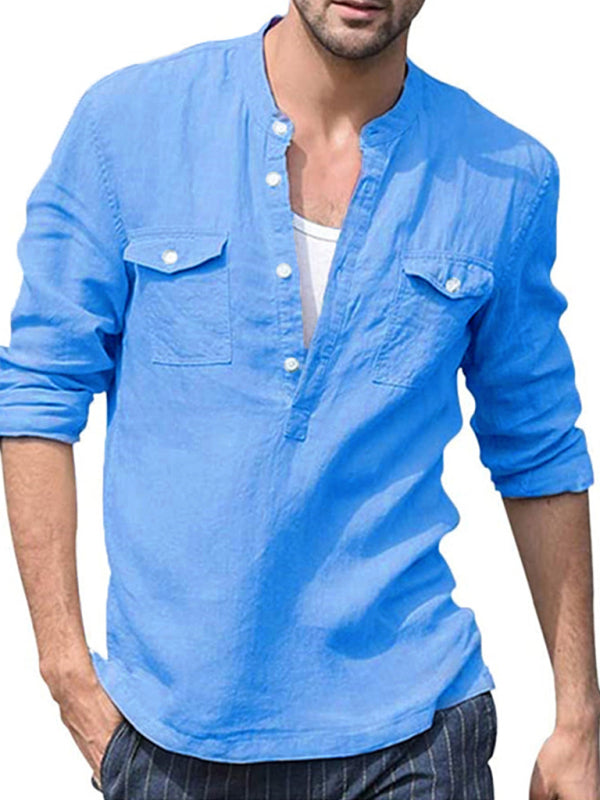Men's Full Size Solid Color Long Sleeve Cotton Linen Pocket Shirt