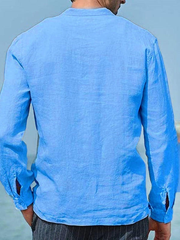 Men's Full Size Solid Color Long Sleeve Cotton Linen Pocket Shirt