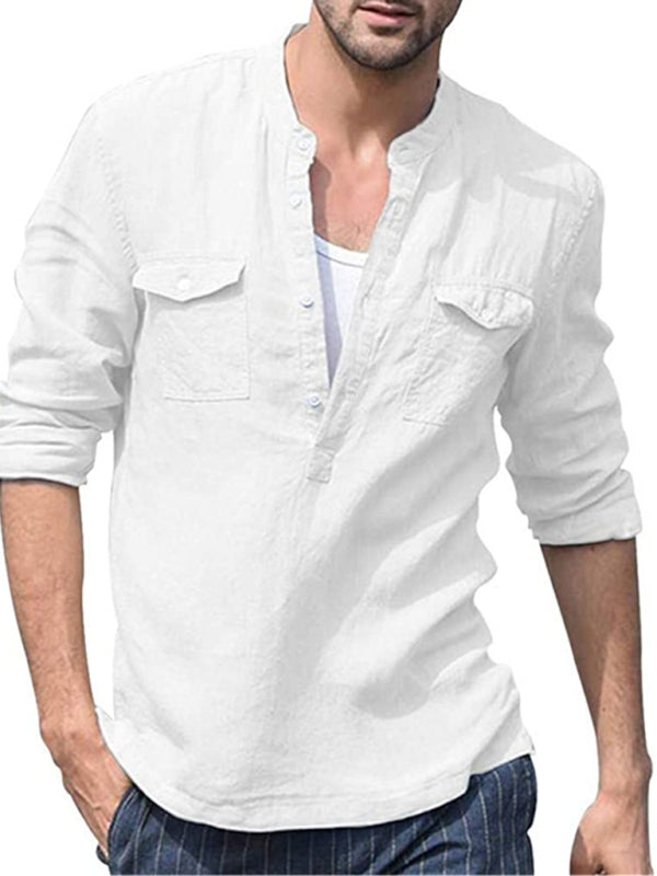 Men's Full Size Solid Color Long Sleeve Cotton Linen Pocket Shirt