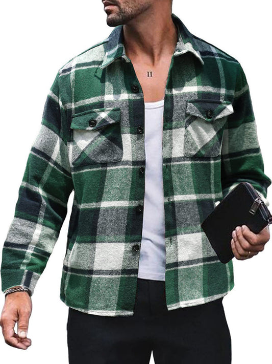 Men's Full Size Plaid Shirt Long Sleeve Button Down Casual Jacket