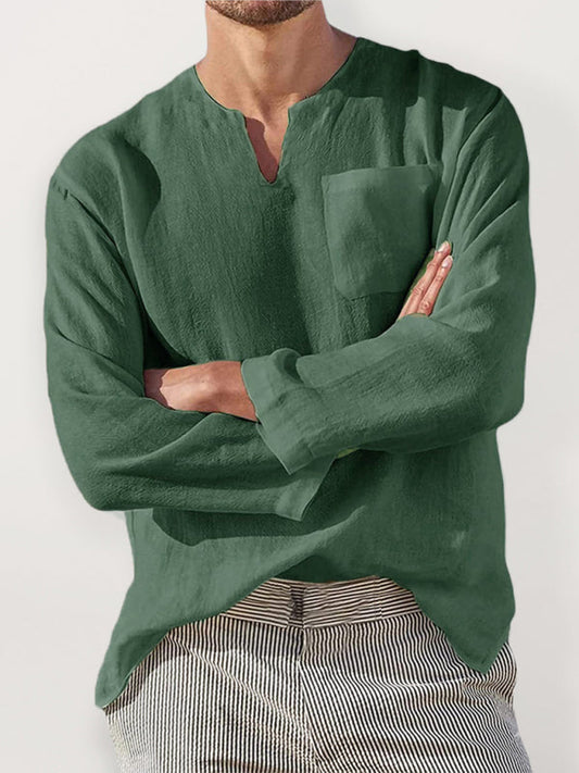 Men's Full Size Long Sleeve V Neck Casual Beach Linen Shirt