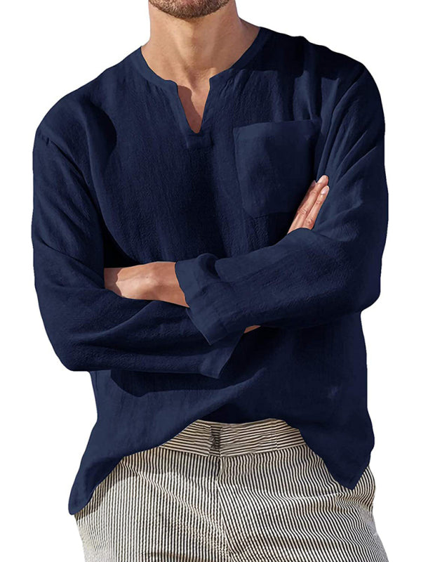 Men's Full Size Long Sleeve V Neck Casual Beach Linen Shirt