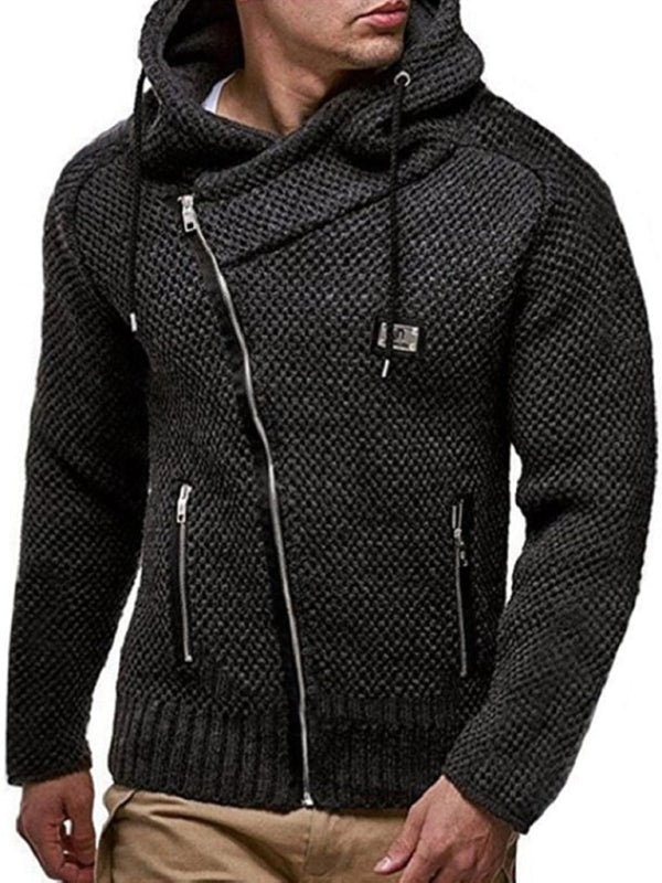 Men's Full Size Diagonal Zipper Hooded Slim Fit Black Sweater Cardigan