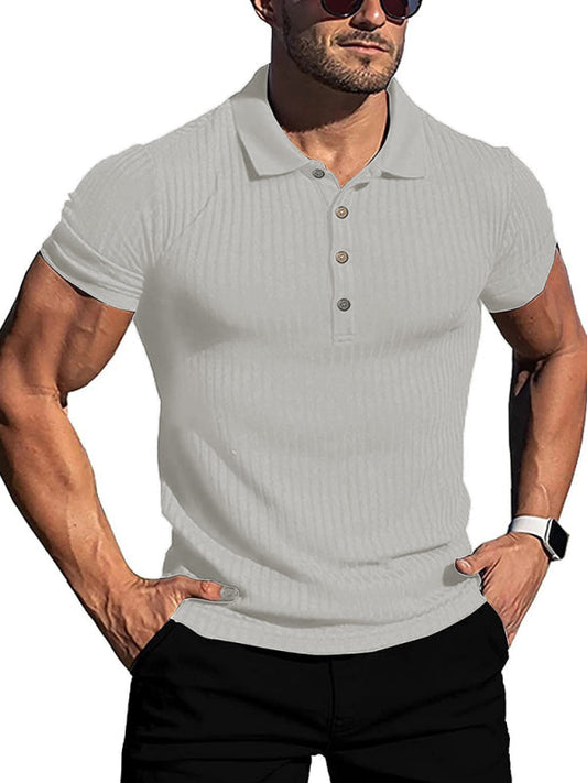 Men's High Stretch Vertical Stripe Long Sleeve POLO Slim Fit Short Sleeve Shirt