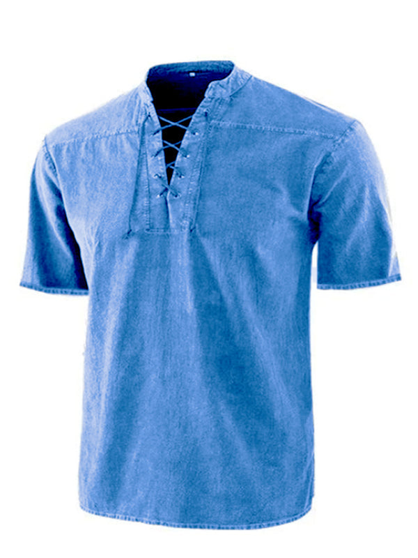 Men's Woven Retro Lace Up Collar Casual Short Sleeve Shirt