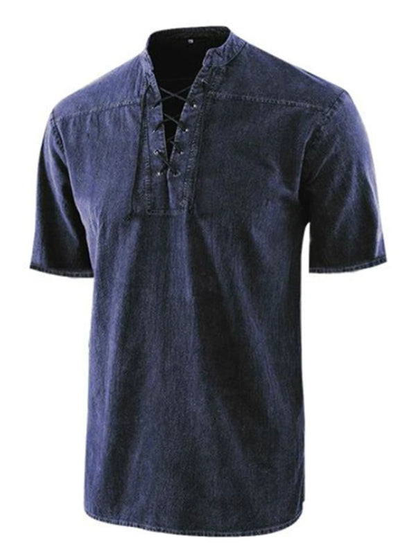 Men's Woven Retro Lace Up Collar Casual Short Sleeve Shirt