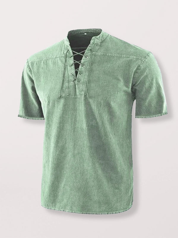 Men's Woven Retro Lace Up Collar Casual Short Sleeve Shirt