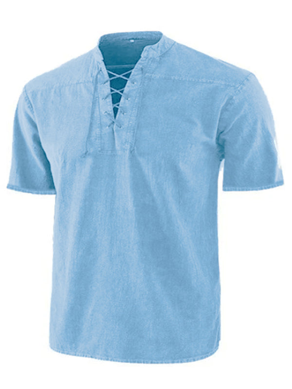 Men's Woven Retro Lace Up Collar Casual Short Sleeve Shirt