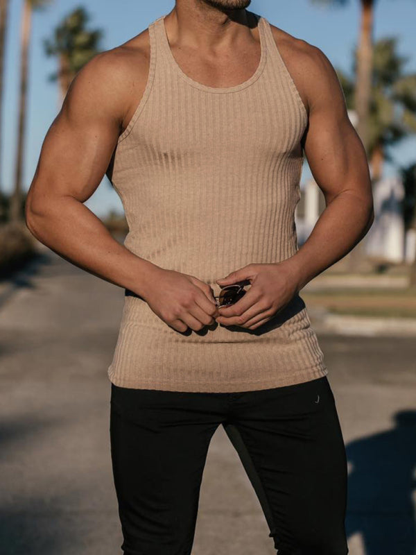 Men's Knitted Vertical Stripes Fitness Slim Tank Racerback Sleeveless Top