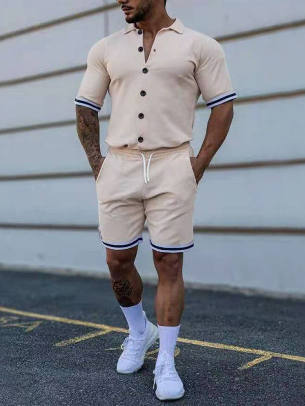 Men's Color Contrast Lapel Short-sleeved Shirt & Shorts Set