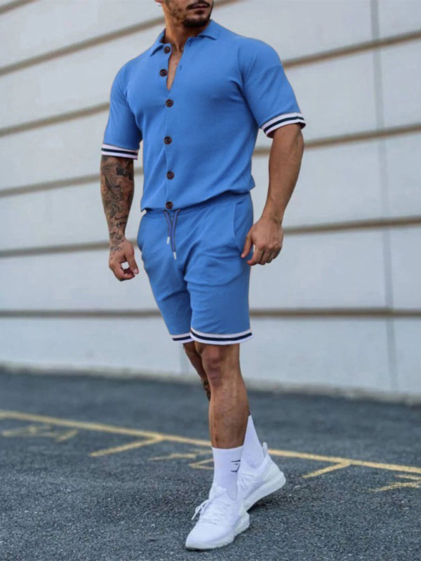 Men's Color Contrast Lapel Short-sleeved Shirt & Shorts Set