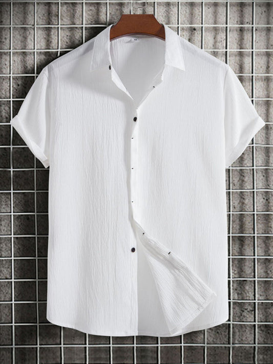 Men's Short Sleeve Loose Solid Color Button Cotton Linen Shirt
