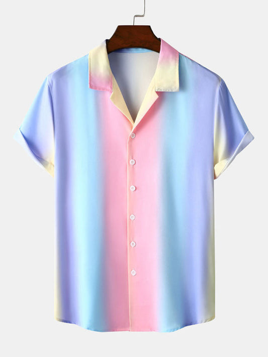 Men's Beach Pastel Rainbow Hawaiian Casual Gradient Stripe Shirt