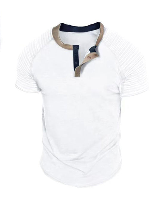 Men's Button Collar Short Sleeve Casual Pleated Tops T-Shirts