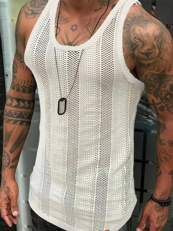 Men's White Light Weight Sleeveless Mesh Tank Hollow Sports Top