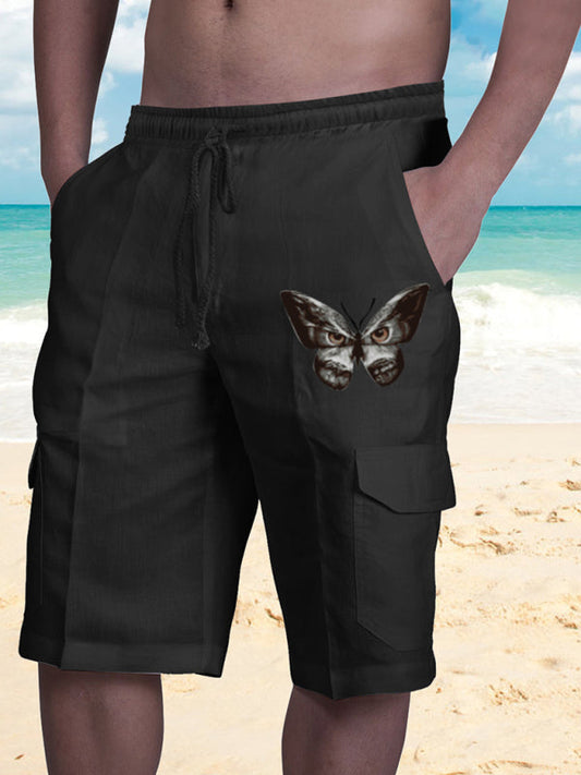 Men's Linen Multi Butterfly Pocket Tether Beach Cargo Shorts
