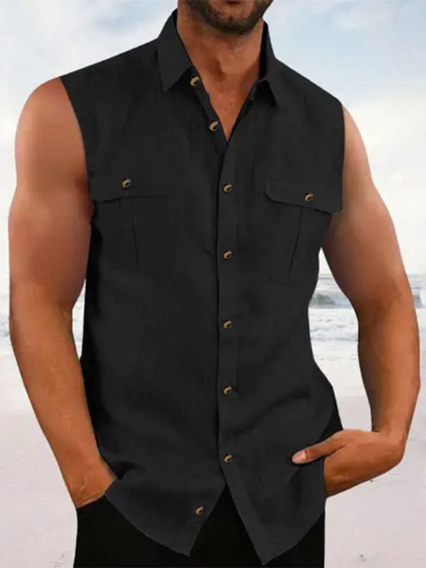 Men's Full Size Leisure Linen Solid Color Sleeveless Shirt