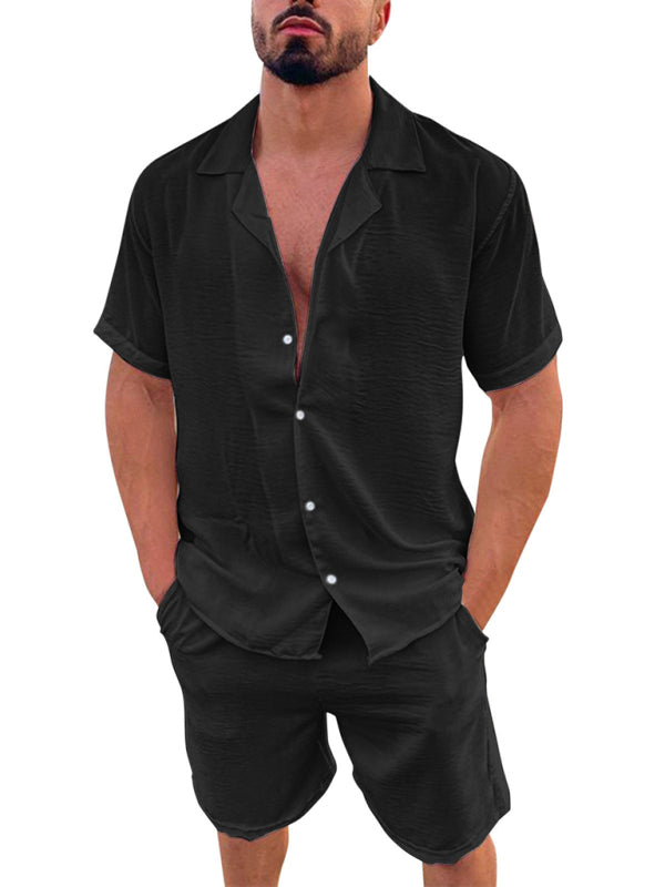 Men's Summer Lapel Cotton Linen Shorts Outfit Set