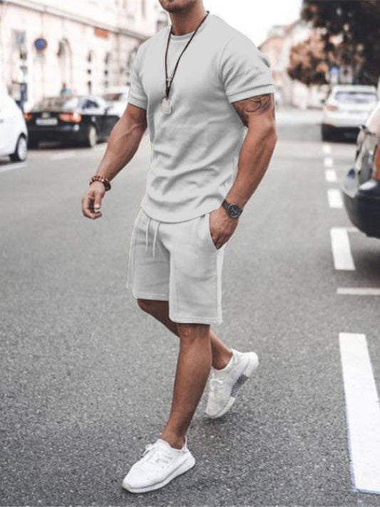 Men's Casual Solid Color Short Sleeve Shorts Two-Piece Set