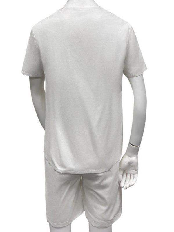 Men's Casual Solid Color Lace-up Beach Cotton and Linen Shorts Set